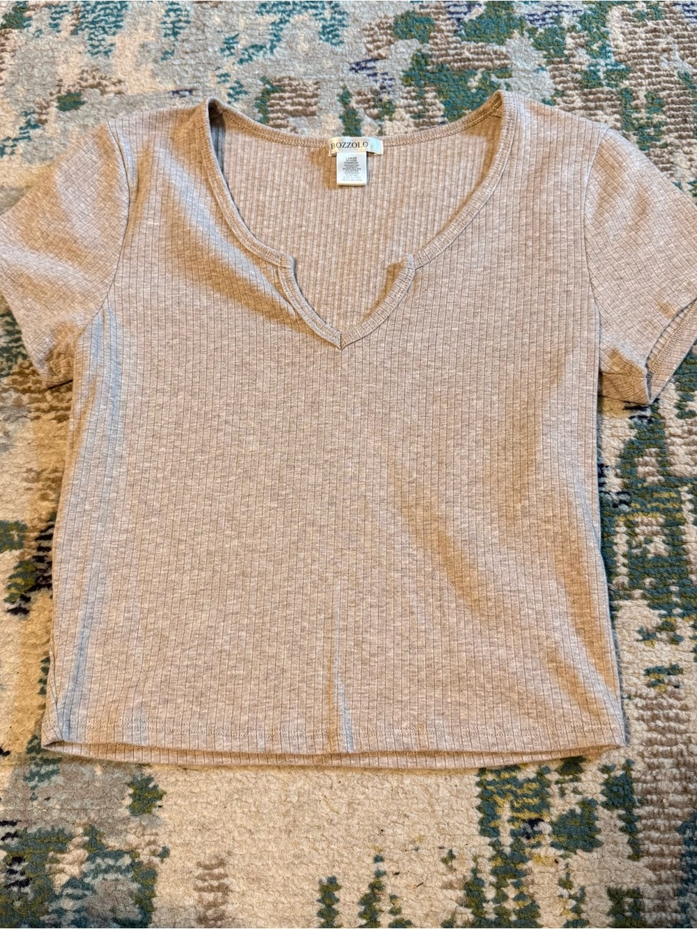 A New Day Ribbed Short Sleeve V-Neck Crop Top in Taupe